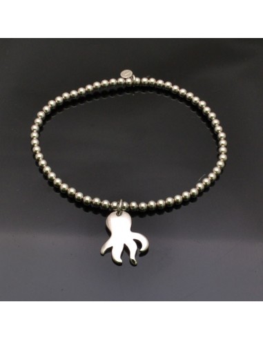 Bracciale elasticizzato e pallina 3 mm da 17 a 20 cm e Ciondolo Polpo 17x14 mm in argento 925%
