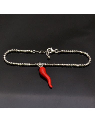 Bracciale con chiusura pallina 3 mm da 17 a 20 cm e Ciondolo Cornetto rosso 34x8 mm in argento 925%