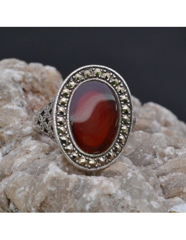 Anello incastonato con Corniola e Marcassite in argento 925%o Sterling Silver Anello thailandese