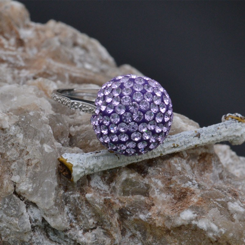 Anello sfera con strass lillà in argento 925% regolabile