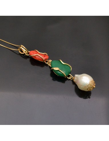 Ciondolo incastonato Corallo, Agata verde e Perla Barocca in argento 925%