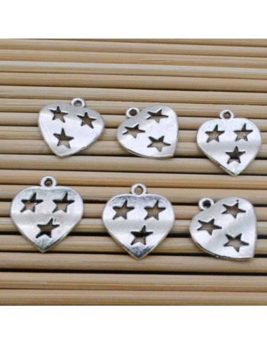ciondoli cuore con stella 14 mm 6 pz in argentone per bigiotteria