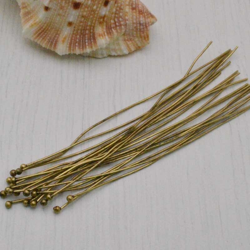 20 pz  Chiodini Spilli testa Pallina in ottone filo 0.5 mm 70 mm  per gioielli