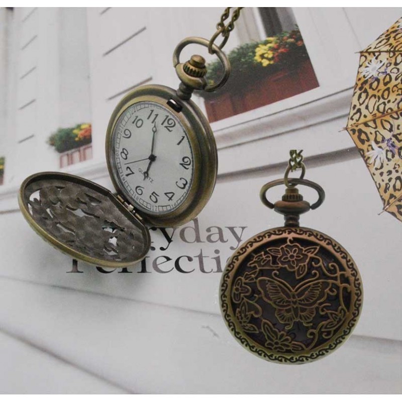 Collana con orologio da tasca vintage farfalla in metallo bronzo 50x70 mm 90 cm 1pz Gioie d'Oriente