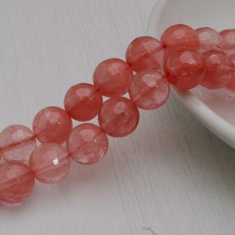 filo di quarzo cherry rosa, pietre sfaccettate tonde, 12mm, 34 pezzi, marchio Gioie d'Oriente