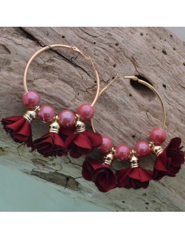 Orecchini fiori in raso col bordò Cerchio anello oro 45 mm con perle in ceramica