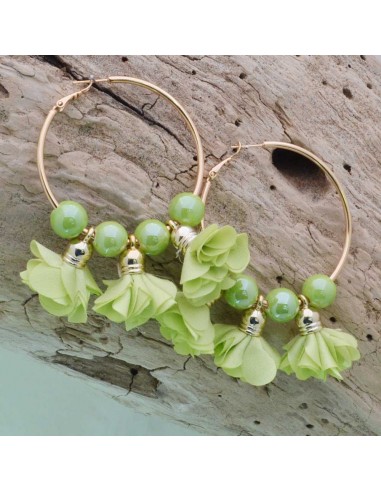 Orecchini fiori in raso col verde mela Cerchio anello oro 45 mm con perle in ceramica
