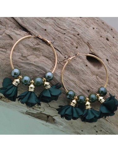 Orecchini fiori in raso col verde scuro Cerchio anello oro 45 mm con perle in ceramica