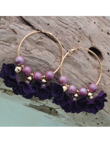 Orecchini fiori in raso col viola Cerchio anello oro 45 mm con perle in ceramica