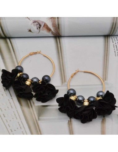 Orecchini fiori in raso col nero Cerchio anello oro 45 mm con perle in ceramica