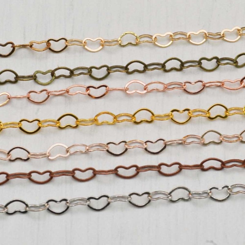 Catena maglia cuore in ottone anelli piatta saldati 3 x 4.2 mm 1 MT colore varia per le tue creazioni