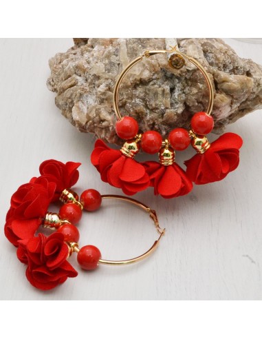 Orecchini fiori in raso rosso Cerchio anello oro 45 mm con perle in ceramica
