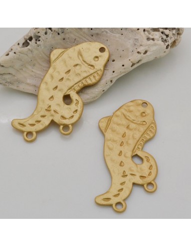 1 PZ ciondolo in ZAMA forma pesce con 2 anellini per ciondoli 20 x 37 mm  col oro per fai da te