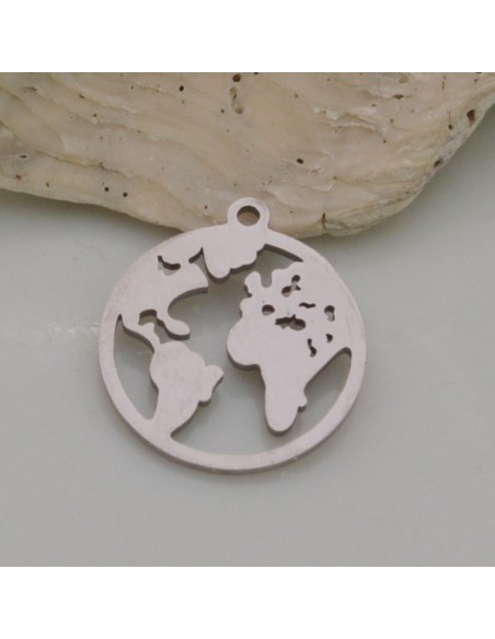 Ciondolo pianeta Terra piatto in acciaio 18x20 mm 1pz colore rodio Gioie d'Oriente