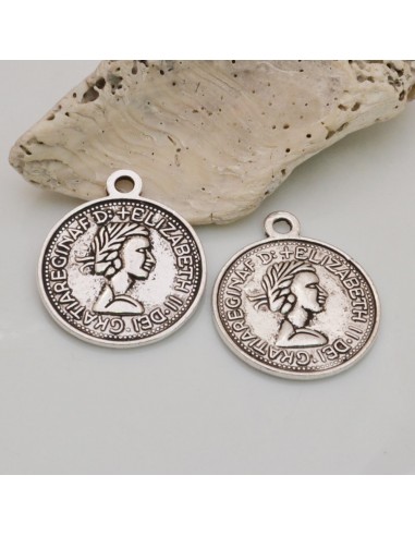 Ciondoli metallo ELIZABETH II, forma moneta antica, 25x29mm, set 2 pezzi, marchio GDO