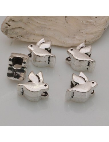 4 pz DISTANZIATORI foro largo forma uccelli 9 mm col argento PER BRACCIALE COLLANA
