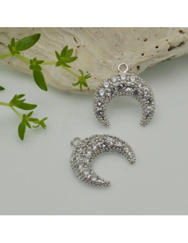 Ciondolo luna crescente in ottone argentato con strass 15 mm 1pz Gioie d'Oriente