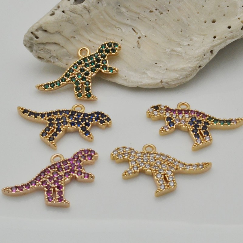 1 PZ Ciondoli Charms dinosauri con zirconi  13 x 20  mm in rame per le tue creazioni