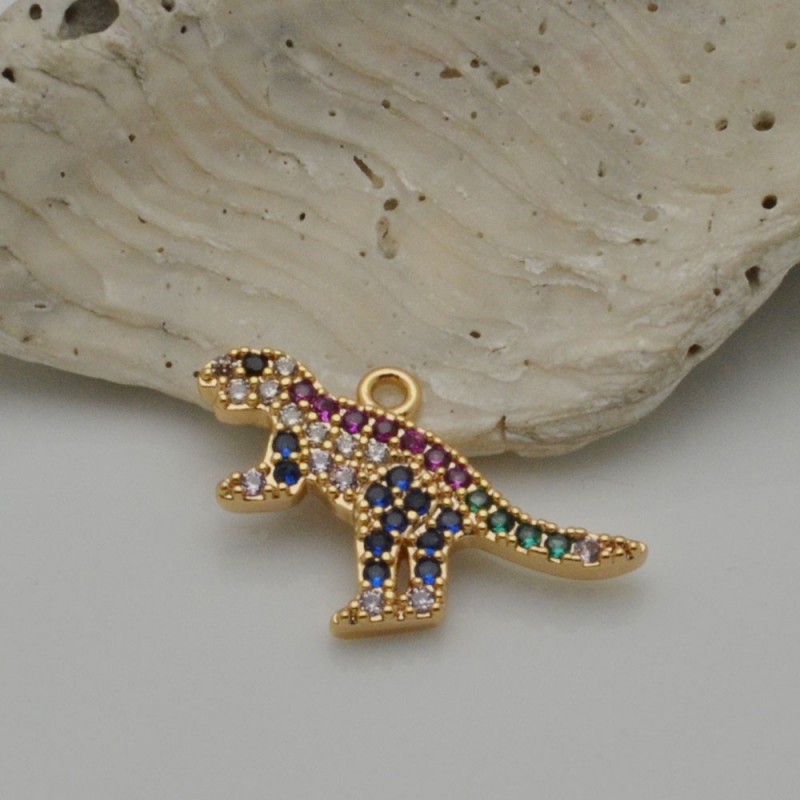 Ciondolo dinosauro in rame oro con zirconi 13x20 mm 1pz Gioie d'Oriente