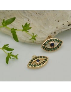 Ciondolo occhio greco in ottone dorato con zirconi 9x12,5 mm 1pz Gioie d'Oriente 2
