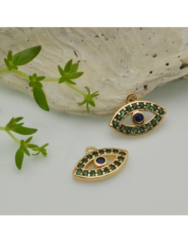 Ciondolo occhio greco in ottone dorato con zirconi verde 9x12,5 mm 1pz Gioie d'Oriente