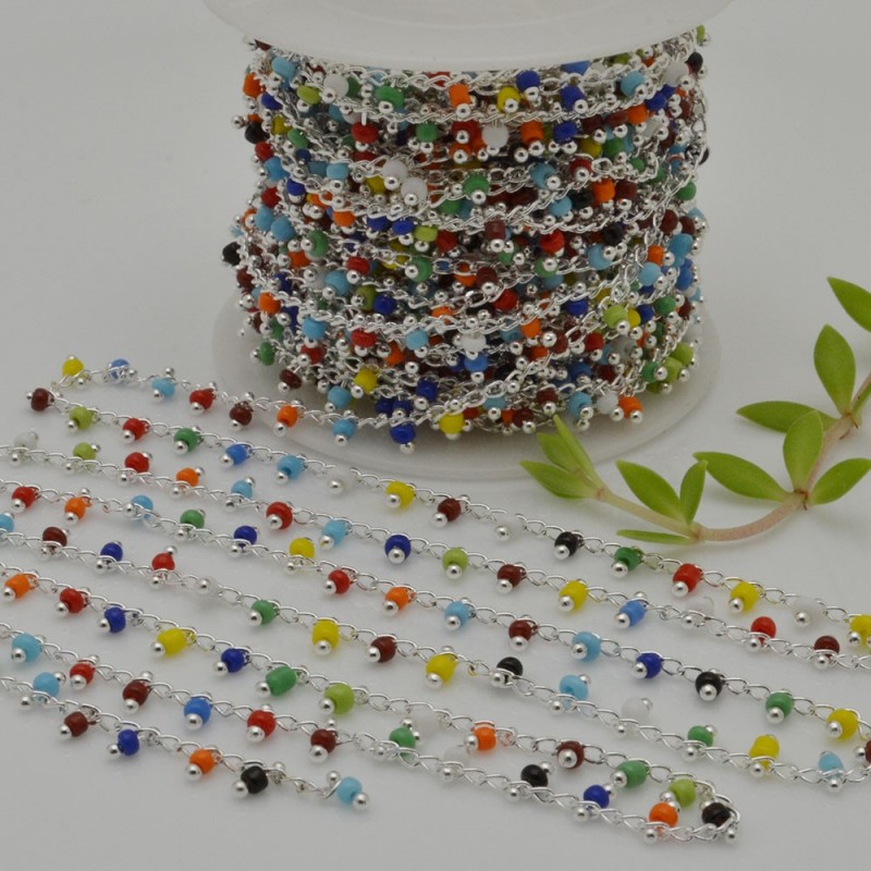 Catena Rosario con perline indiane 2 mm base argento col mix  conf 50 cm per fai da te