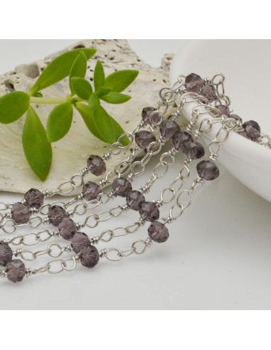 catena rosario cristalli 4 mm concatenata filo argento in ottone colore viola  50 cm per fai da te