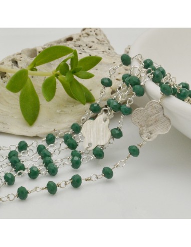 catena rosario concatenata cristalli  verde 3 mm intercalate da connettore fiore filo argento in ottone 50 cm