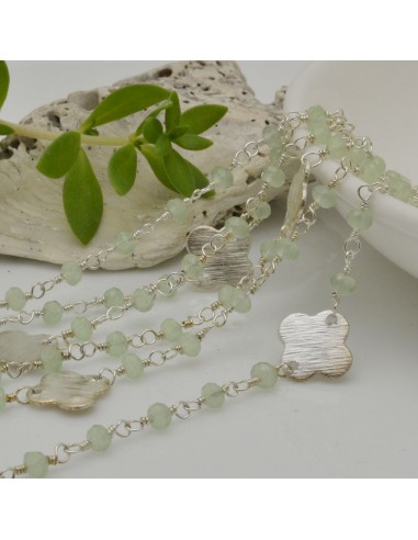catena rosario concatenata cristalli verde giada 3 mm intercalate da connettore fiore filo argento in ottone 50 cm