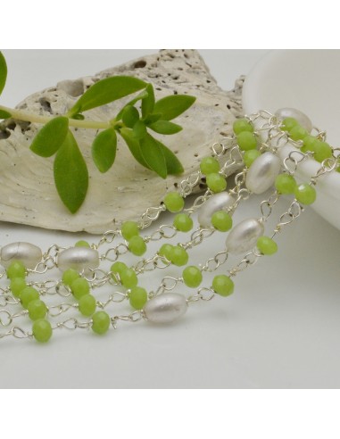 Catena rosario di cristalli colore verde chiaro da 3mm e perle ovali concatenati con filo argento in ottone 50cm | GDO