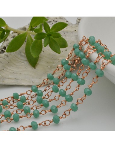 Catena rosario di cristalli colore verde tiffany da 3mm concatenati con filo oro rosa in ottone 50cm | GDO