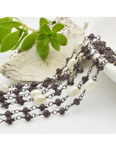 catena rosario concatenata cristalli viola 3 mm intercalate perle ovale fili canna di fucile in ottone 50 cm