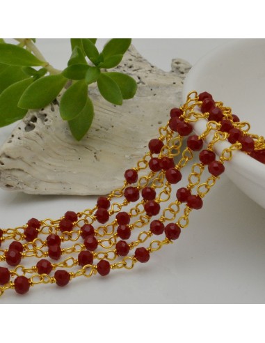 Catena rosario di cristalli colore rosso pieno da 3mm concatenati con filo oro in ottone 50cm GDO