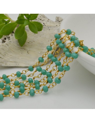 catena rosario cristalli colore verde tiffany 3 mm concatenata filo oro in ottone 50 cm per fai da te