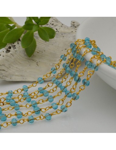 Catena rosario di cristalli colore azzurro da 3mm concatenati con filo oro in ottone 50cm GDO