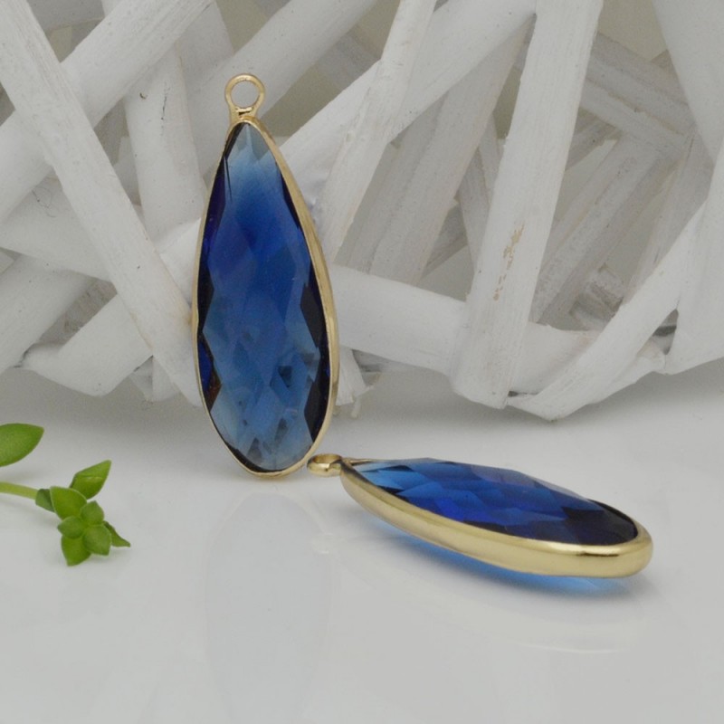 Charm di Cristallo a Forma di Goccia colore Blu con Base Oro 13x35mm 1pz | GDO