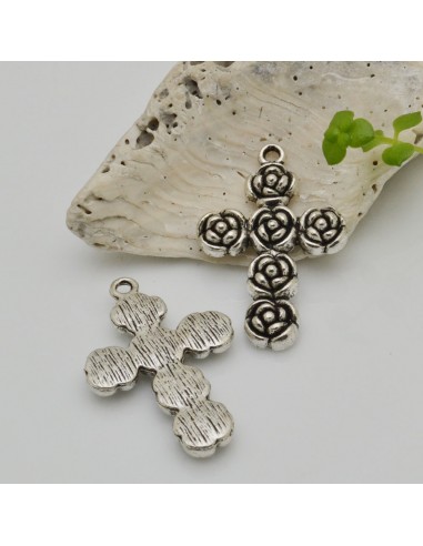 CIONDOLO CROCE con fiori olore argento 20 x 31 mm conf 2 pz in metallo per le tue creazioni