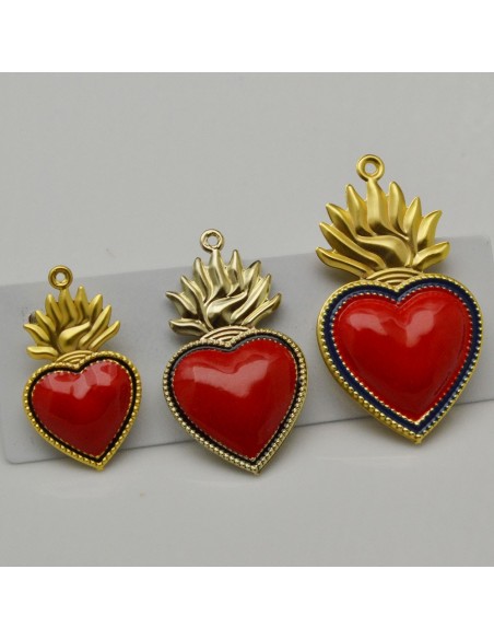 Ciondolo Sacro Cuore in ottone oro smaltato rosso 1pz misure varie Gioie d'Oriente