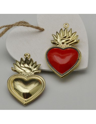 Ciondolo Sacro Cuore in ottone oro smaltato rosso 1pz Gioie d'Oriente misura 60.5 x 34.5 mm