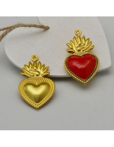 Ciondolo Sacro Cuore in ottone oro smaltato rosso 1pz misure varie Gioie d'Oriente