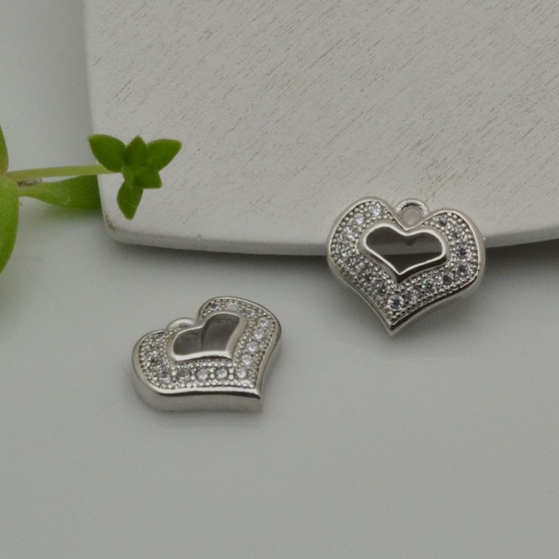 Ciondolo cuore vuoto in ottone argento con zirconi 10 mm 1pz Gioie d'Oriente