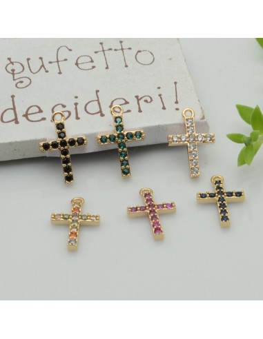 Ciondolo a forma di Croce in rame dorato con Zirconi 9x14mm 1pz | GDO