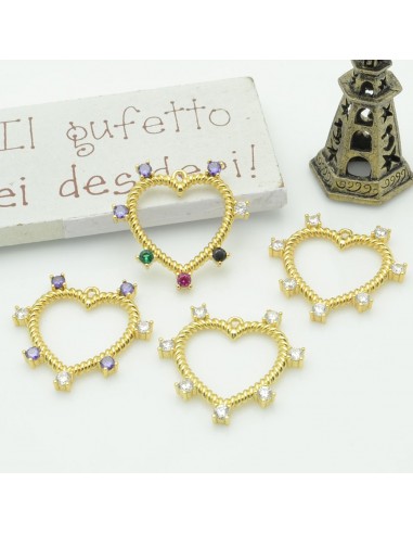 Ciondolo cuore vuoto in ottone con zirconi 24 mm 1pz vari colori Gioie d'Oriente