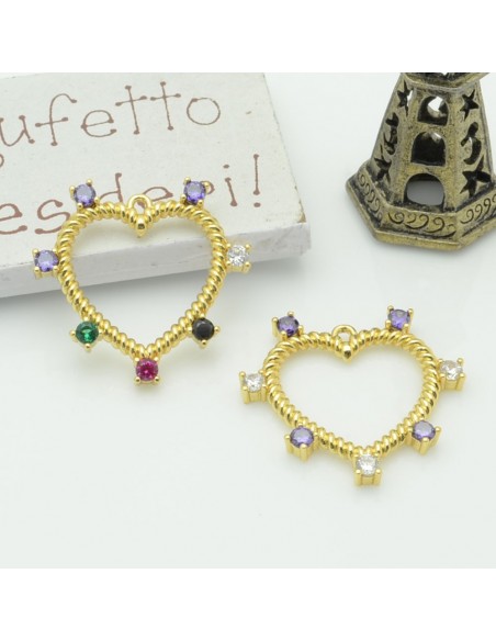 Ciondolo cuore vuoto in ottone con zirconi 24 mm 1pz vari colori Gioie d'Oriente