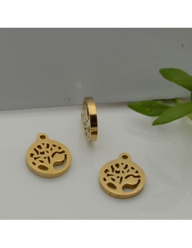 Ciondolo rotondo albero della vita in acciaio inossidabile 9x10.5 mm 1pz colore oro Gioie d'Oriente