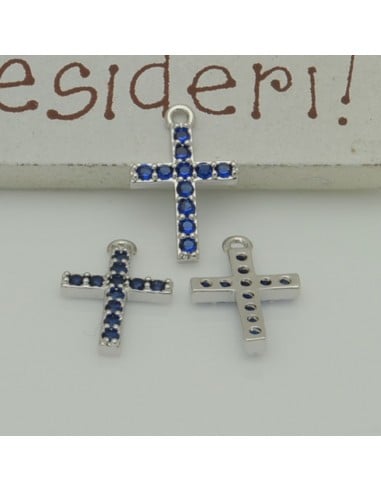 Ciondolo croce in rame argento con zirconi blu 9x14 mm 1pz Gioie d'Oriente