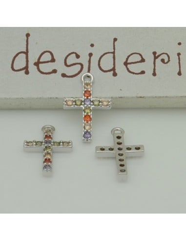 Ciondolo croce in rame argento con zirconi mix 9x14 mm 1pz Gioie d'Oriente
