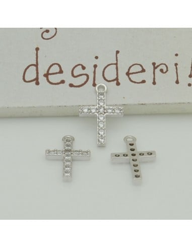 Ciondolo croce in rame argento con zirconi bianchi 9x14 mm 1pz Gioie d'Oriente