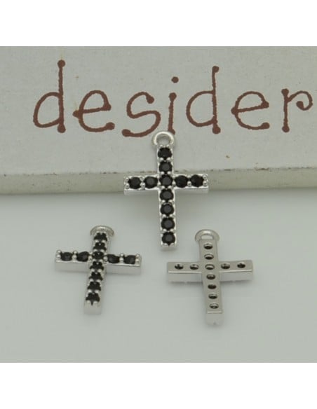 Ciondolo croce in rame argento con zirconi neri 9x14 mm 1pz Gioie d'Oriente