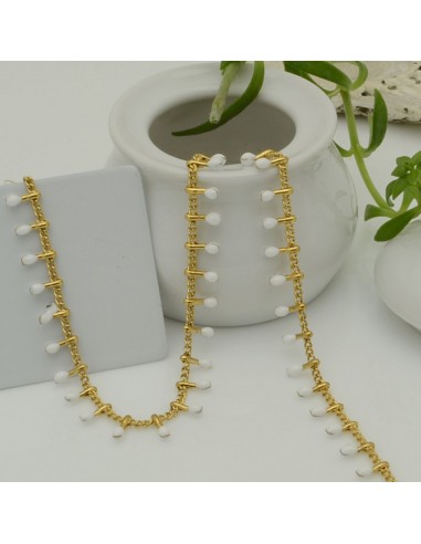 Catena in acciaio groumetta oro piatta forma gocce smaltato bianco altezza 0.6 mm confezione 50 cm